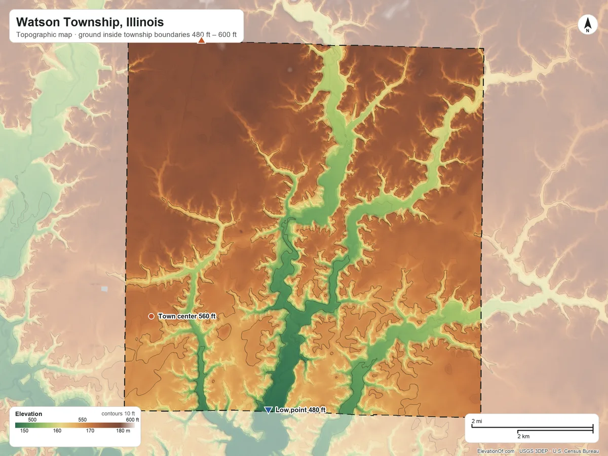 Topographic elevation map of Watson Township, Illinois, shaded from 480 ft on the southeast side to 600 ft on the north side