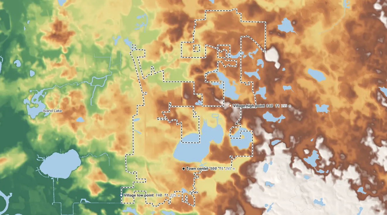 Topographic elevation map of Wauconda, Illinois, shaded from 740 ft on the southwest side to 840 ft on the northeast side