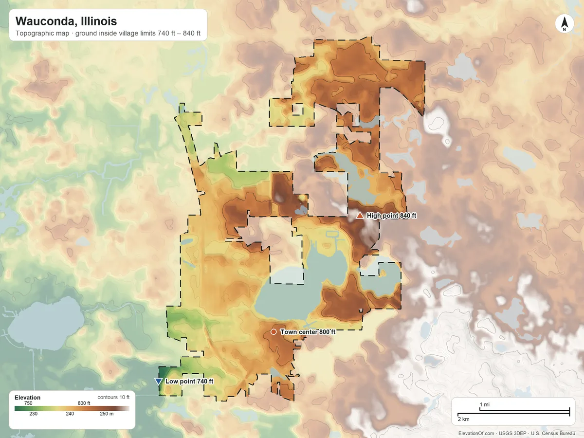 Topographic elevation map of Wauconda, Illinois, shaded from 740 ft on the southwest side to 840 ft on the northeast side