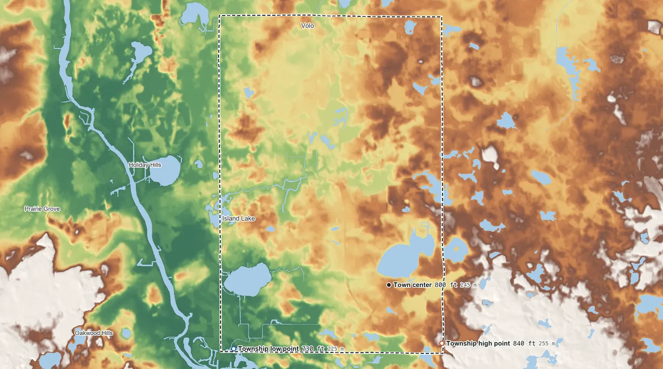 Topographic elevation map of Wauconda Township, Illinois, shaded from 730 ft on the west side to 840 ft on the southeast side