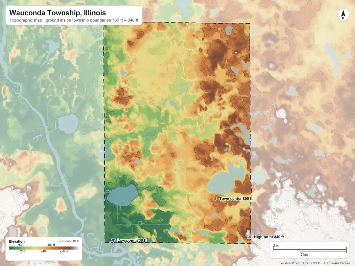 Topographic elevation map of Wauconda Township, Illinois, shaded from 730 ft on the west side to 840 ft on the southeast side