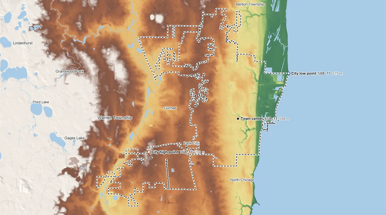Topographic elevation map of Waukegan, Illinois, shaded from 580 ft on the northeast side to 760 ft on the west side
