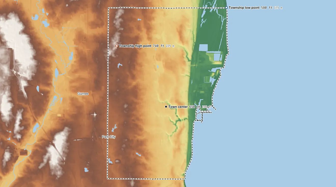 Topographic elevation map of Waukegan Township, Illinois, shaded from 580 ft on the northeast side to 740 ft on the northwest side