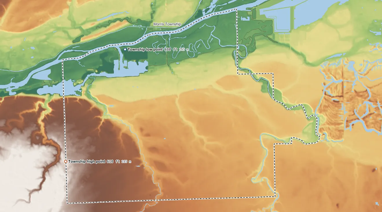 Topographic elevation map of Wauponsee Township, Illinois, shaded from 480 ft on the west side to 610 ft on the southwest side