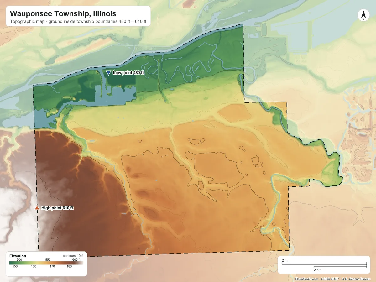 Topographic elevation map of Wauponsee Township, Illinois, shaded from 480 ft on the west side to 610 ft on the southwest side