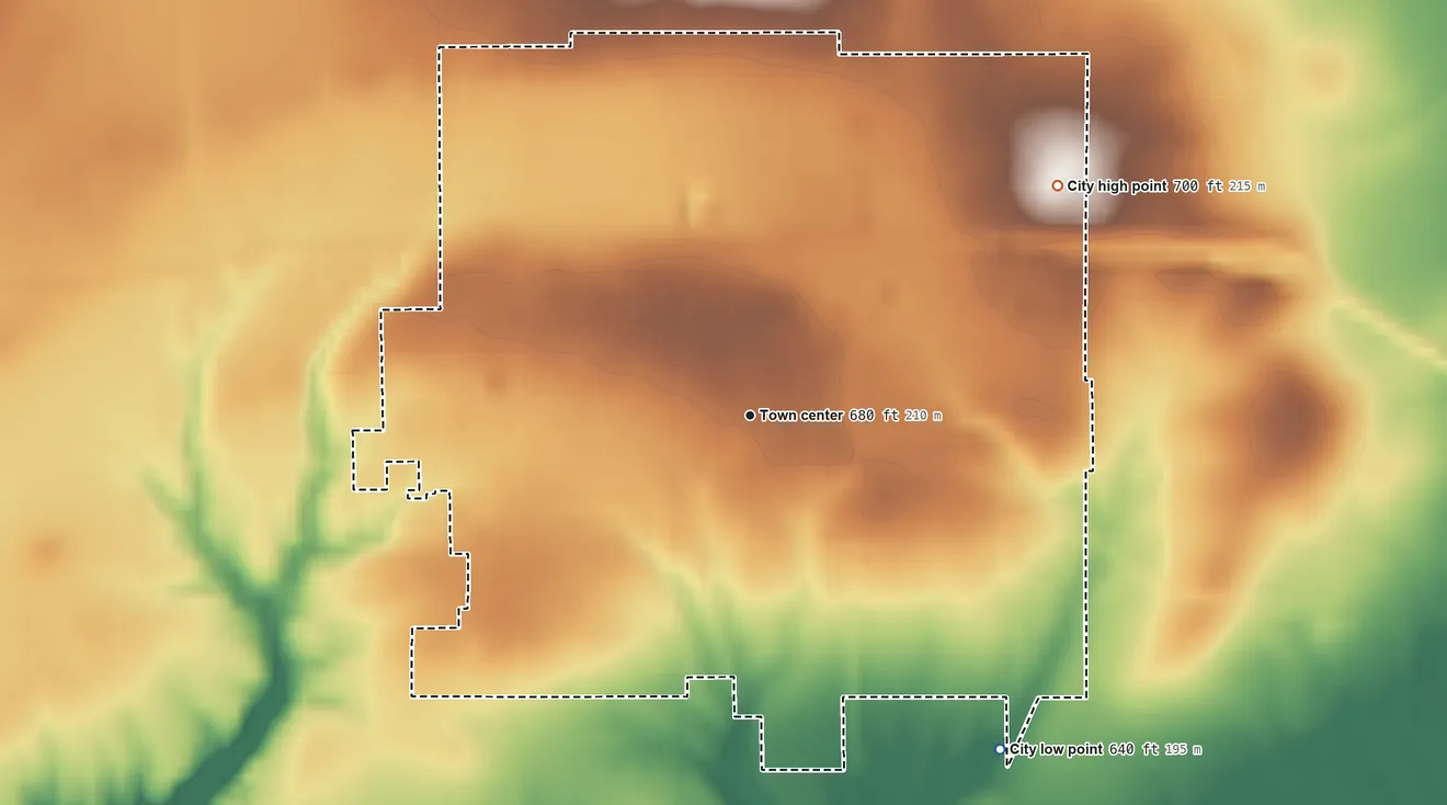 Topographic elevation map of Waverly, Illinois, shaded from 640 ft on the southeast side to 700 ft on the northeast side