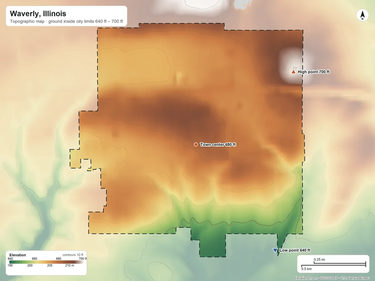 Topographic elevation map of Waverly, Illinois, shaded from 640 ft on the southeast side to 700 ft on the northeast side