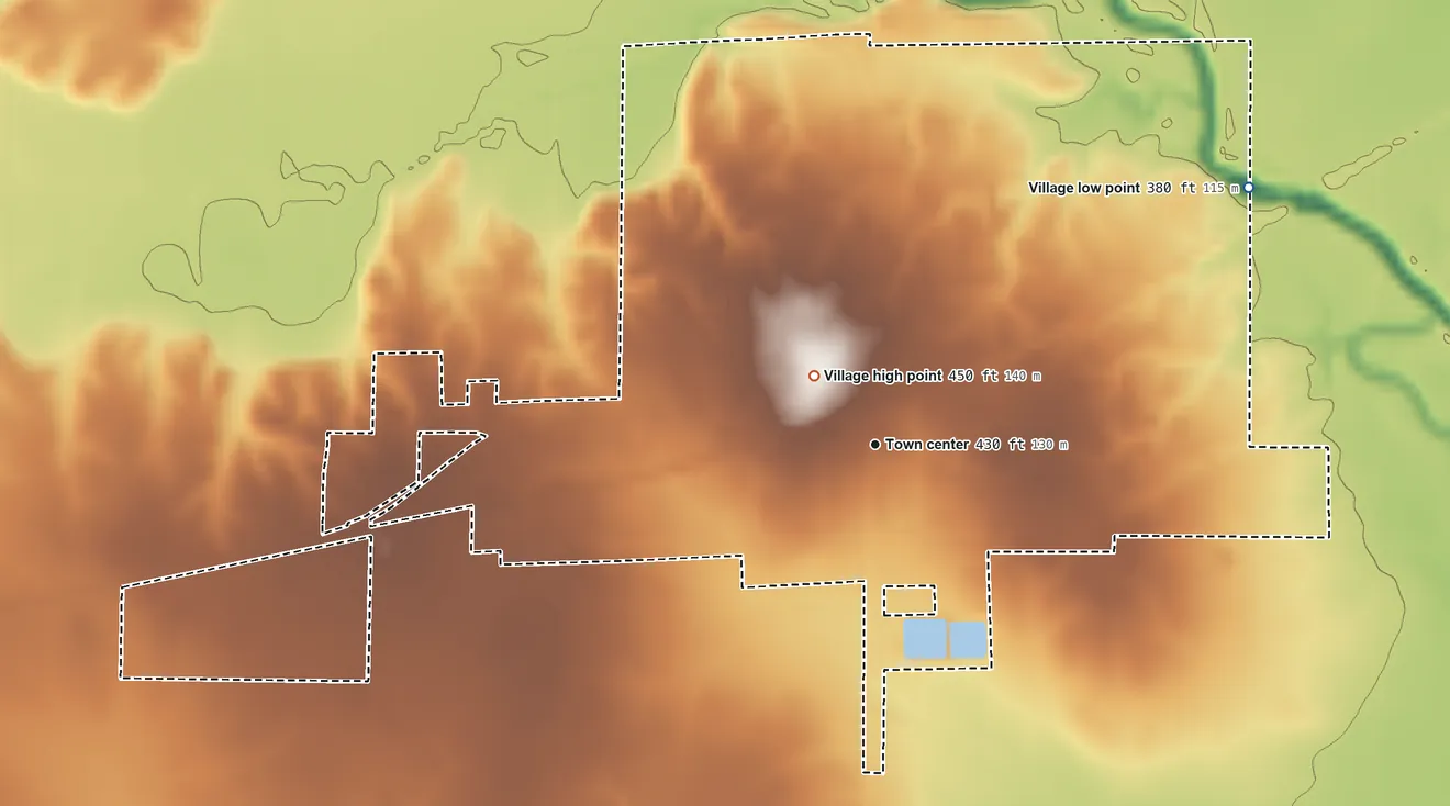 Topographic elevation map of Wayne City, Illinois, shaded from 380 ft on the northeast side to 450 ft near the middle