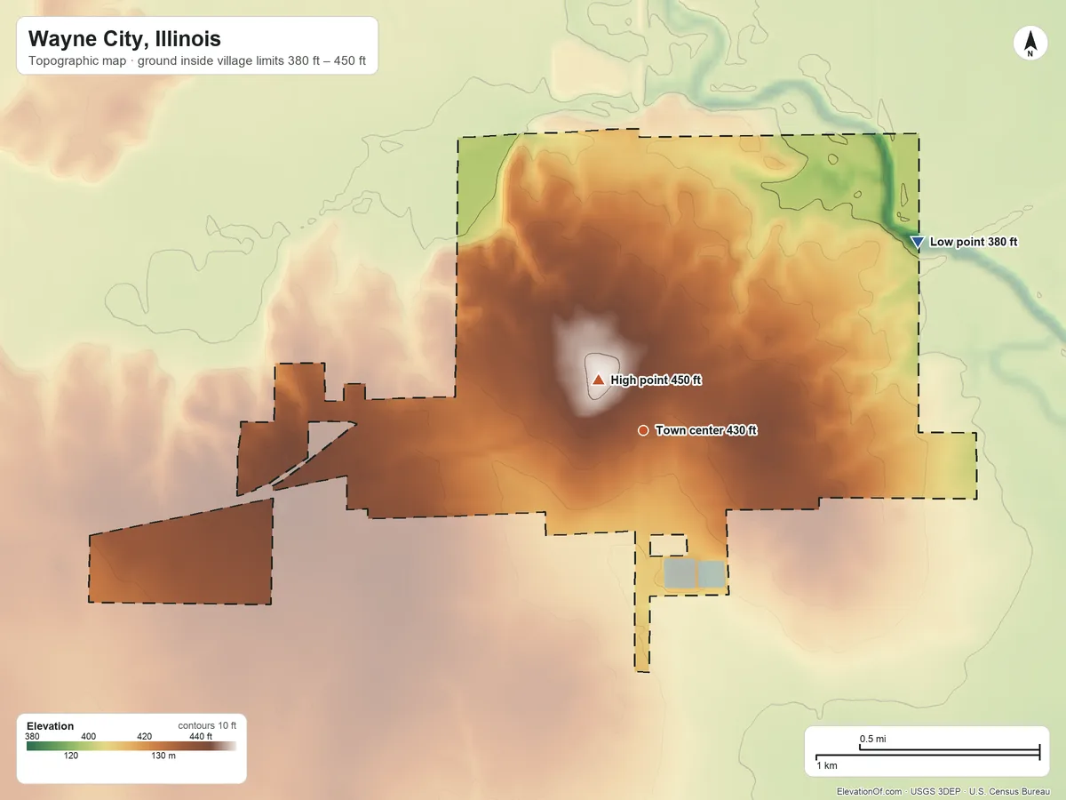 Topographic elevation map of Wayne City, Illinois, shaded from 380 ft on the northeast side to 450 ft near the middle