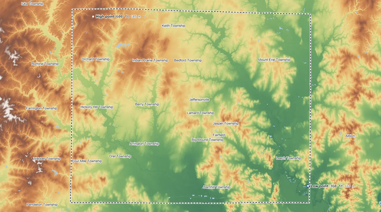 Topographic elevation map of Wayne County, Illinois, shaded from 360 ft on the southeast side to 600 ft on the northwest side