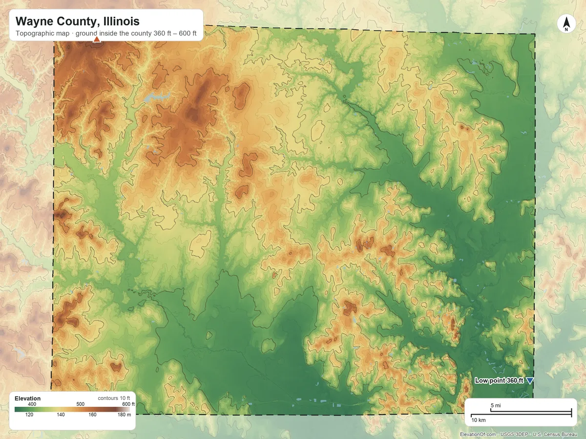 Topographic elevation map of Wayne County, Illinois, shaded from 360 ft on the southeast side to 600 ft on the northwest side