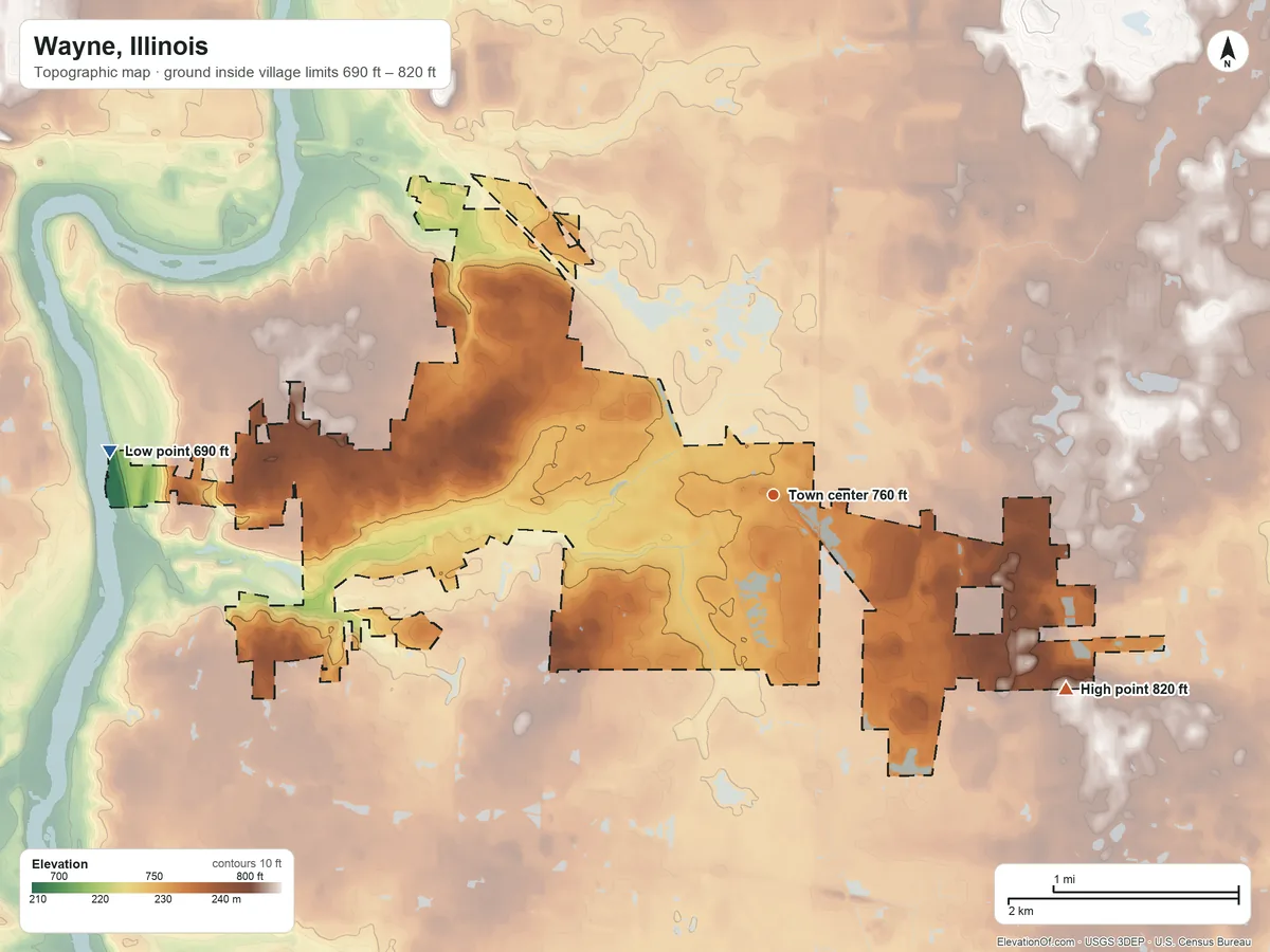 Topographic elevation map of Wayne, Illinois, shaded from 690 ft on the west side to 820 ft on the southeast side