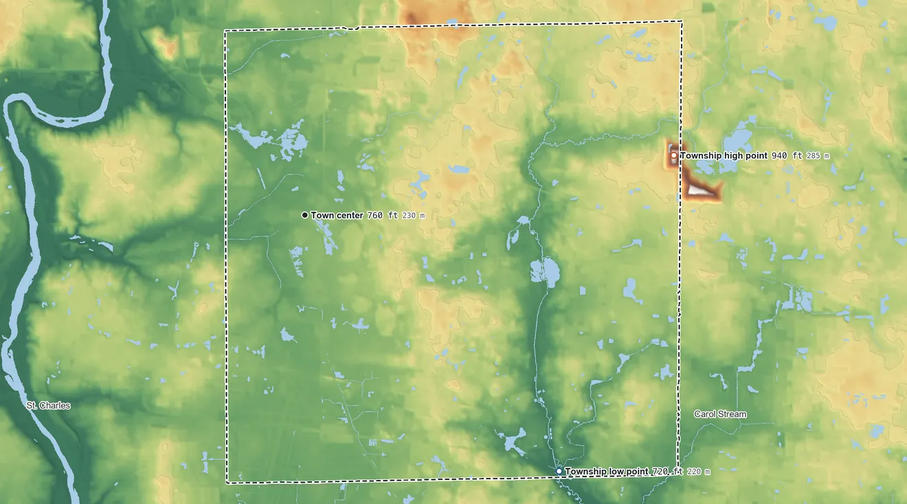 Topographic elevation map of Wayne Township, Illinois, shaded from 720 ft on the southeast side to 940 ft on the east side