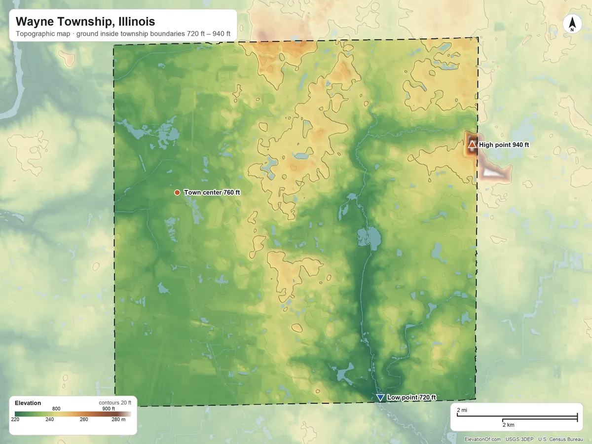 Topographic elevation map of Wayne Township, Illinois, shaded from 720 ft on the southeast side to 940 ft on the east side