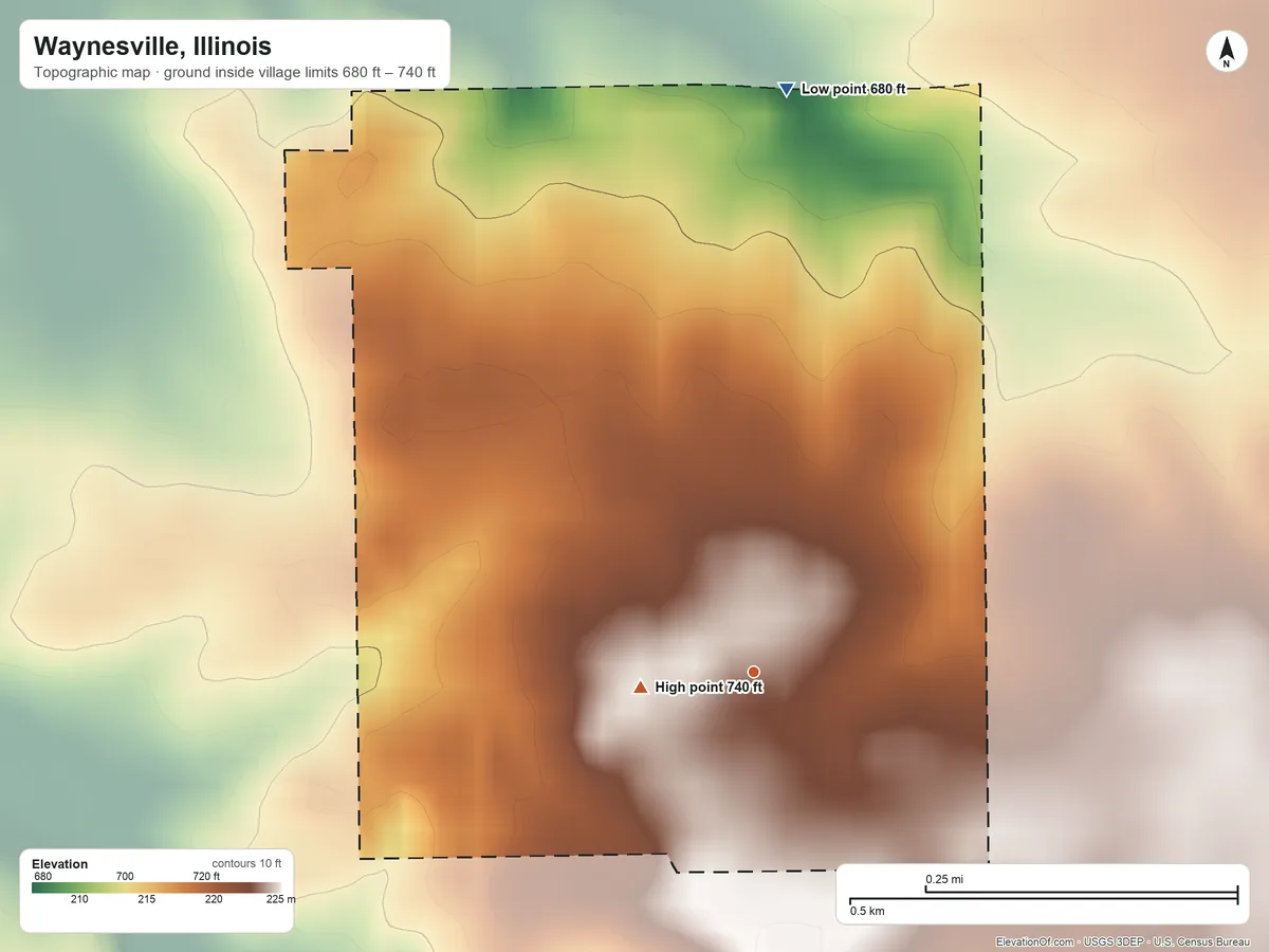 Topographic elevation map of Waynesville, Illinois, shaded from 680 ft on the north side to 740 ft on the west side