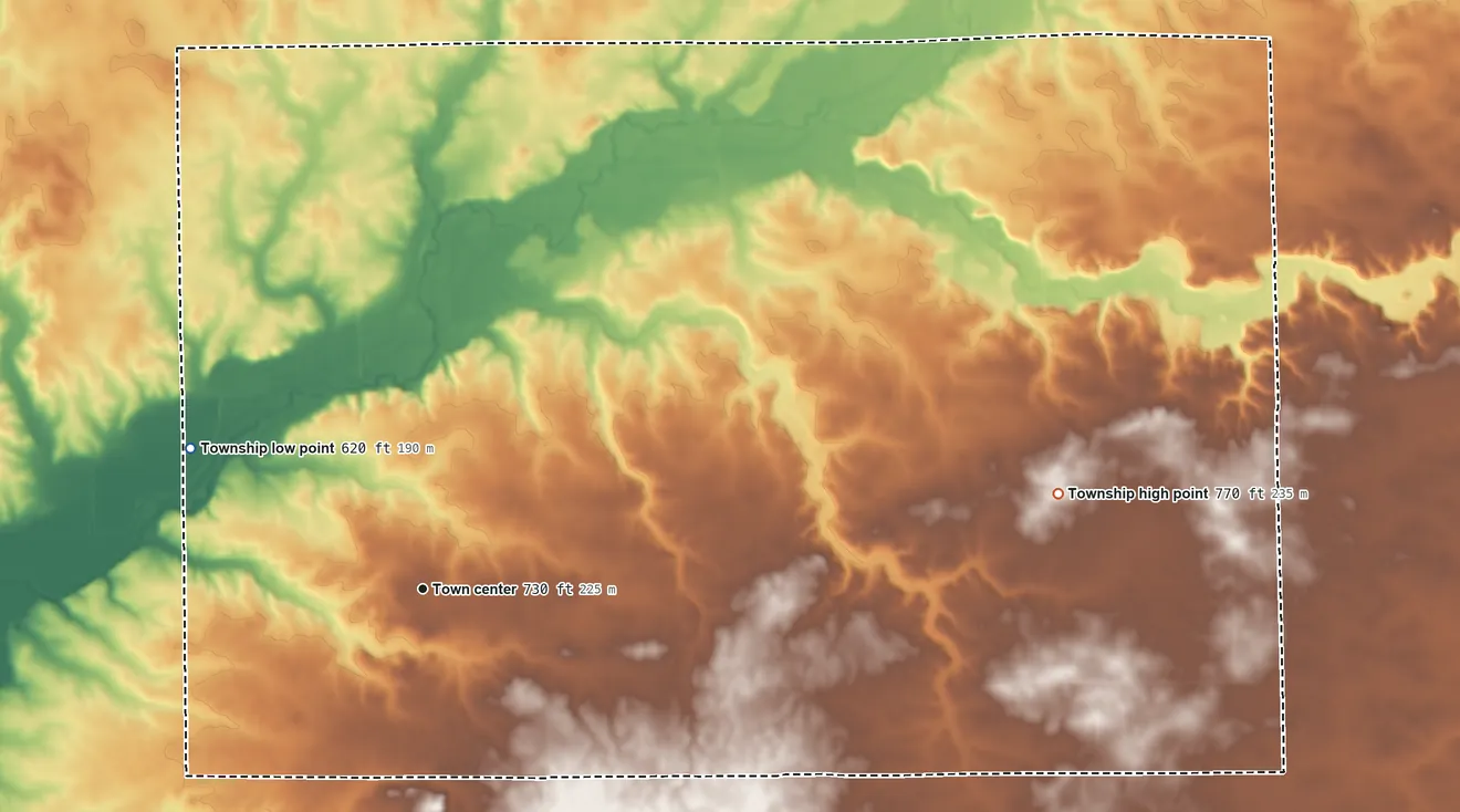 Topographic elevation map of Waynesville Township, Illinois, shaded from 620 ft on the northwest side to 770 ft on the east side