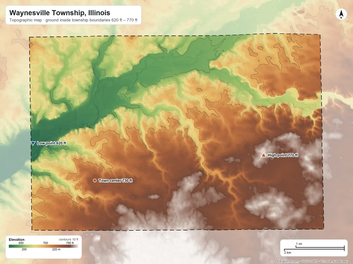 Topographic elevation map of Waynesville Township, Illinois, shaded from 620 ft on the northwest side to 770 ft on the east side