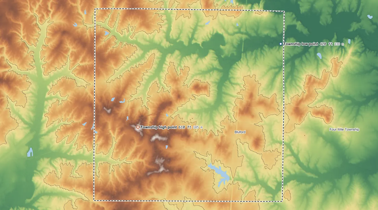 Topographic elevation map of Webber Township, Illinois, shaded from 420 ft on the northeast side to 610 ft on the west side