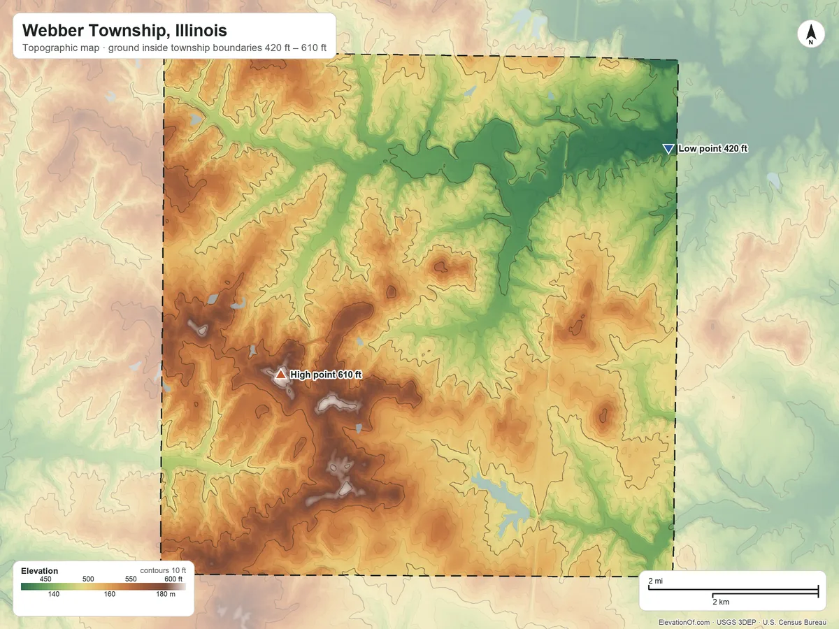 Topographic elevation map of Webber Township, Illinois, shaded from 420 ft on the northeast side to 610 ft on the west side