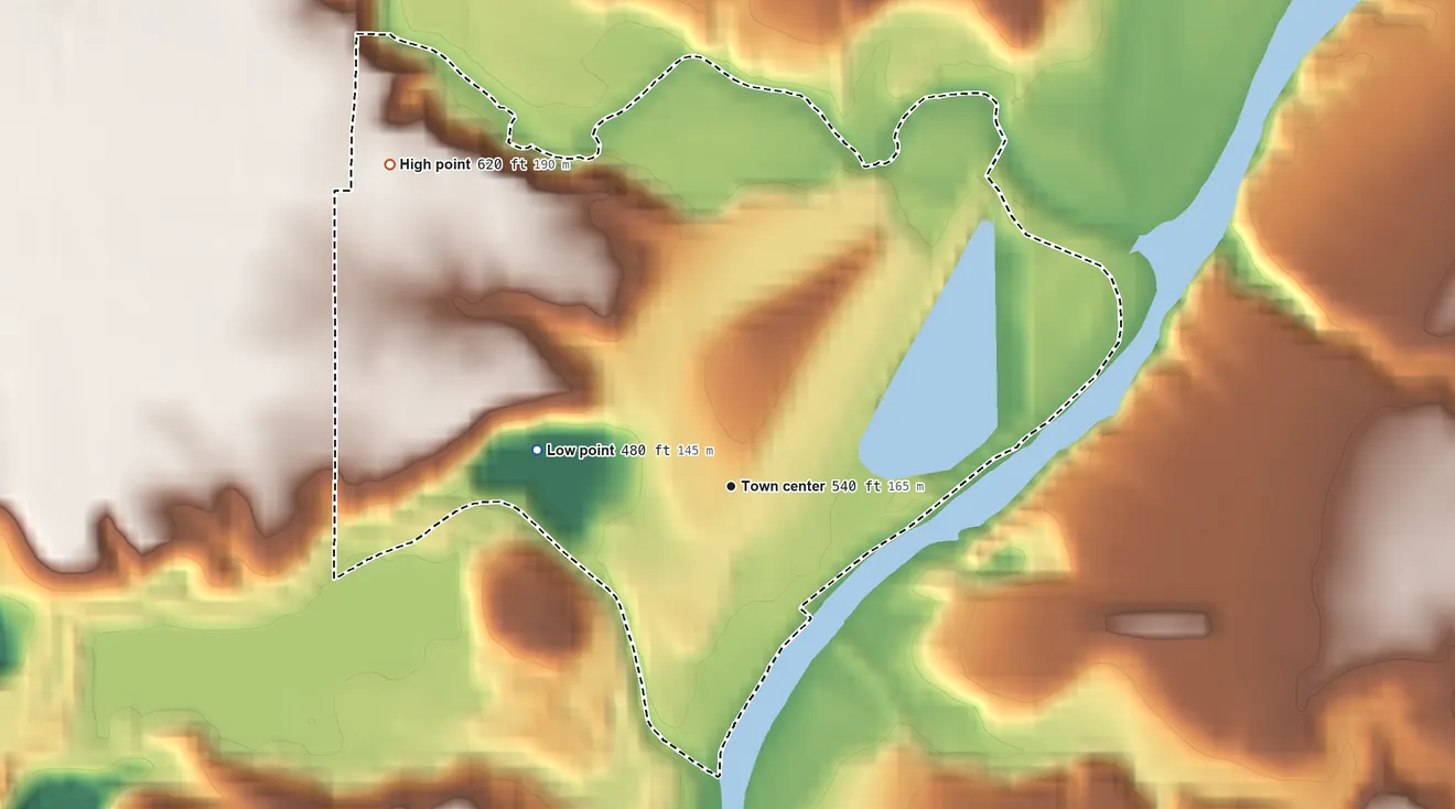 Topographic elevation map of Wedron, Illinois, shaded from 480 ft on the west side to 620 ft on the northwest side
