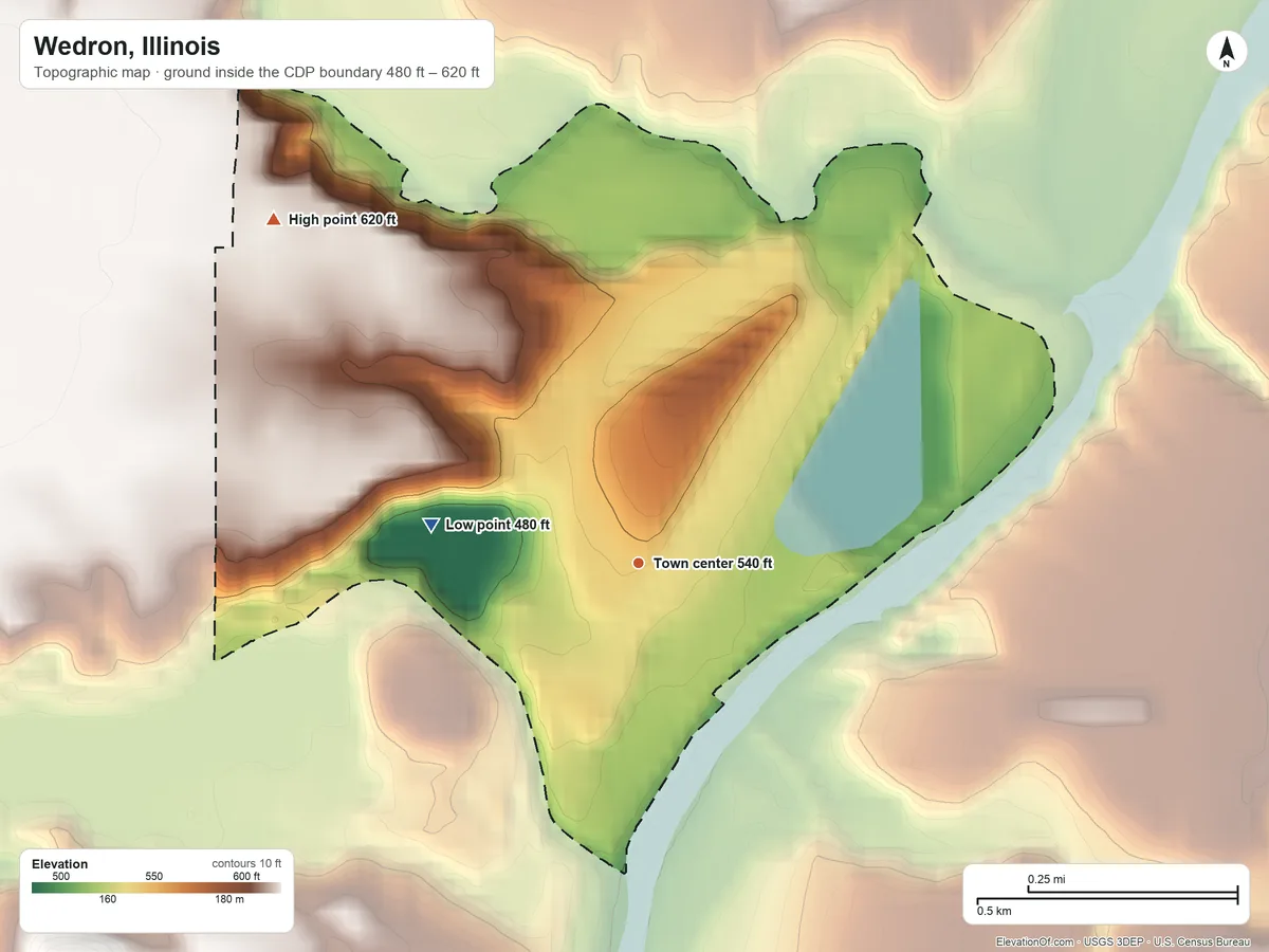 Topographic elevation map of Wedron, Illinois, shaded from 480 ft on the west side to 620 ft on the northwest side