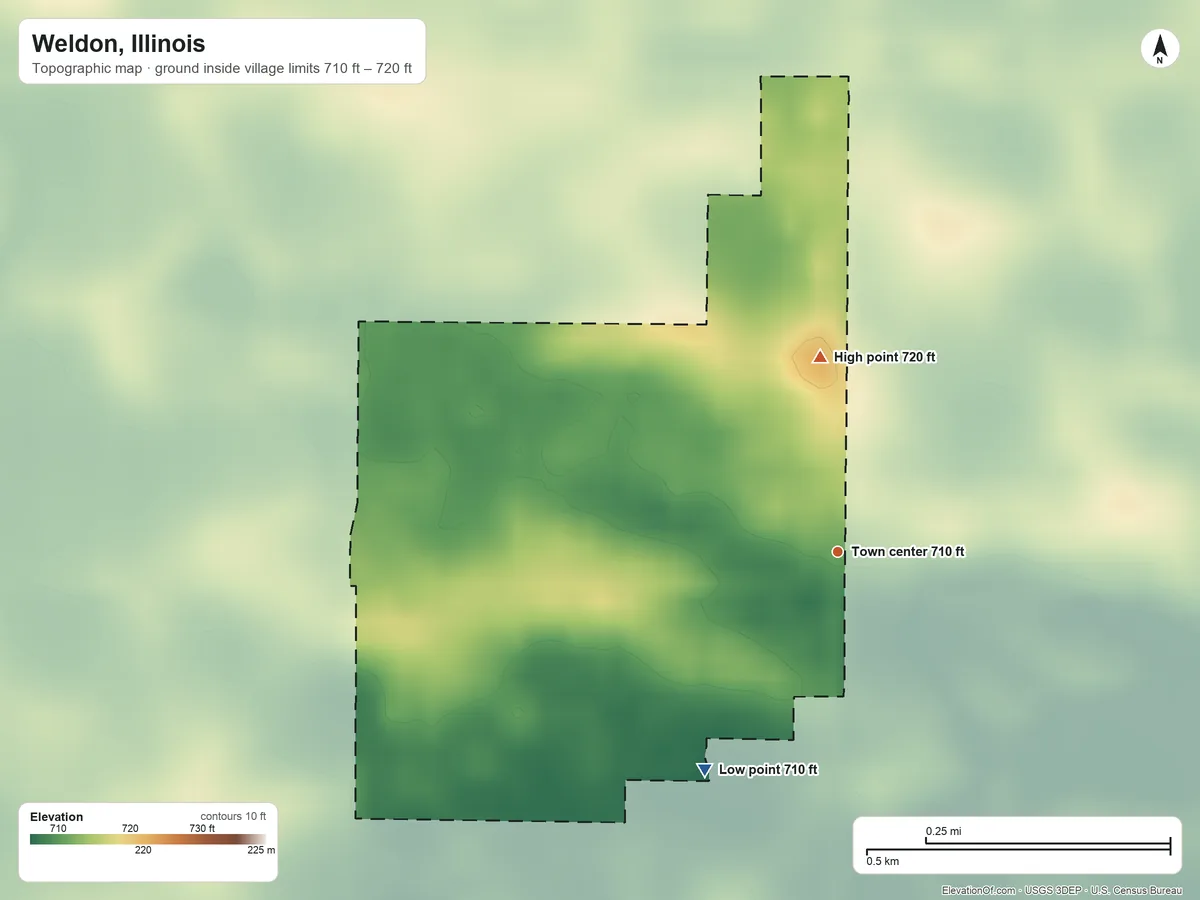 Topographic elevation map of Weldon, Illinois, shaded from 710 ft on the southwest side to 720 ft on the north side