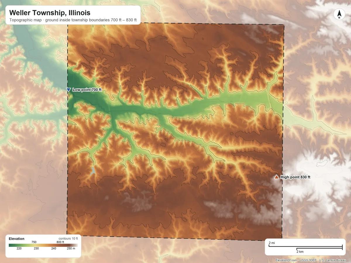 Topographic elevation map of Weller Township, Illinois, shaded from 700 ft on the west side to 830 ft on the southeast side
