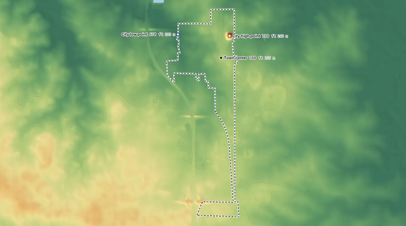 Topographic elevation map of Wenona, Illinois, shaded from 670 ft on the northwest side to 790 ft on the north side