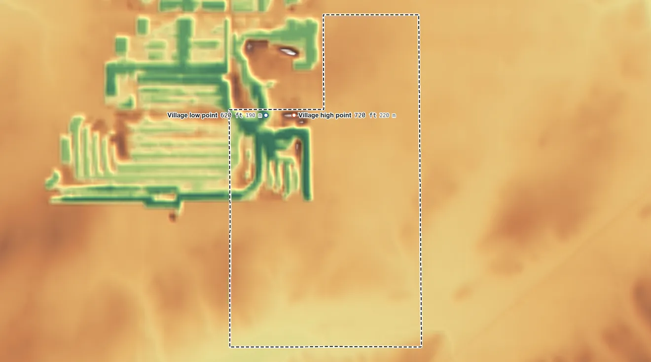 Topographic elevation map of Wenonah, Illinois, shaded from 620 ft on the west side to 720 ft near the middle