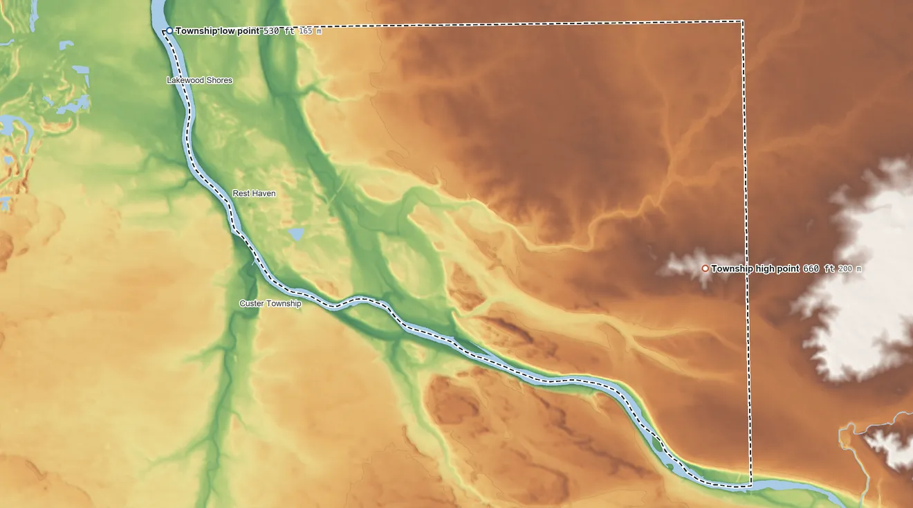 Topographic elevation map of Wesley Township, Illinois, shaded from 530 ft on the northwest side to 660 ft on the east side