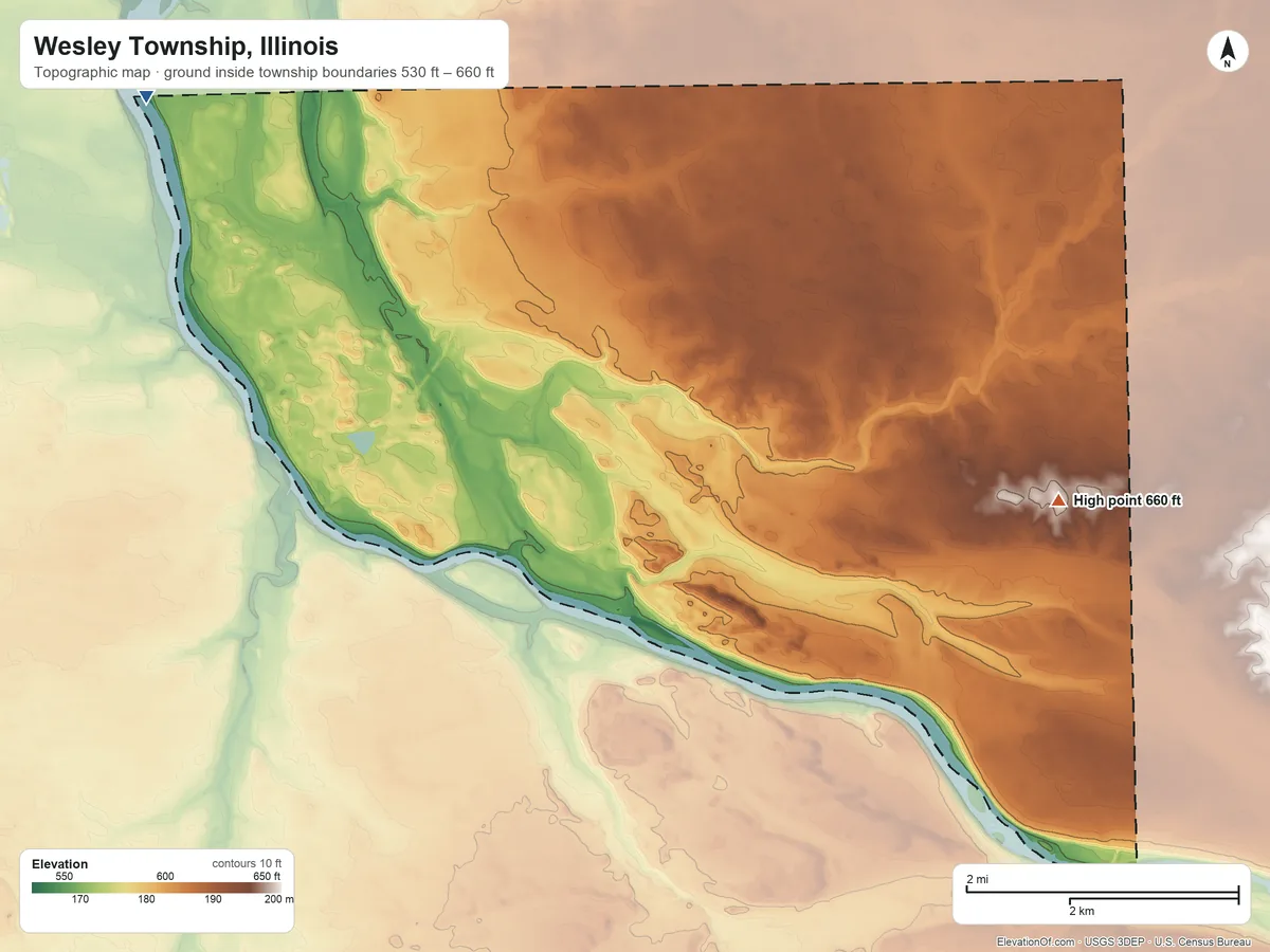 Topographic elevation map of Wesley Township, Illinois, shaded from 530 ft on the northwest side to 660 ft on the east side