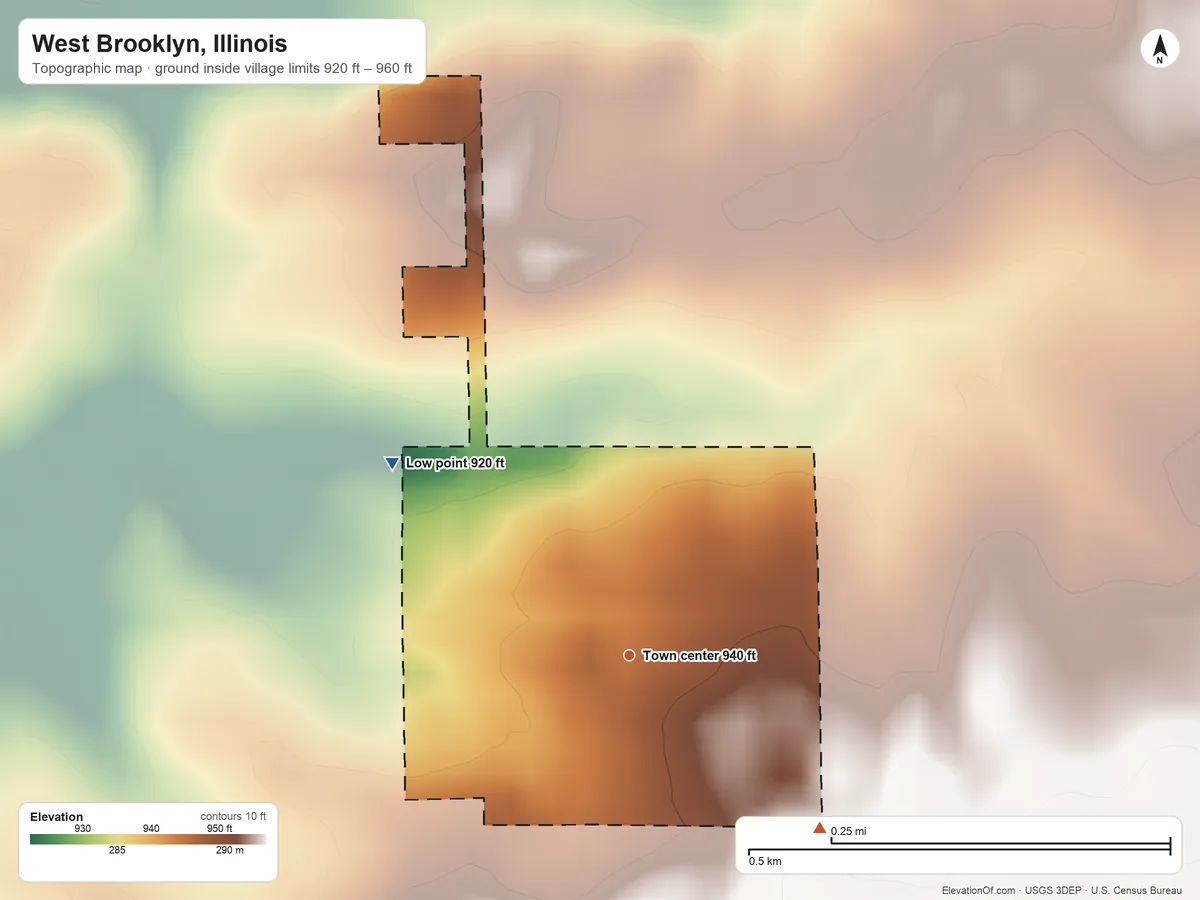Topographic elevation map of West Brooklyn, Illinois, shaded from 920 ft on the northwest side to 960 ft on the southeast side