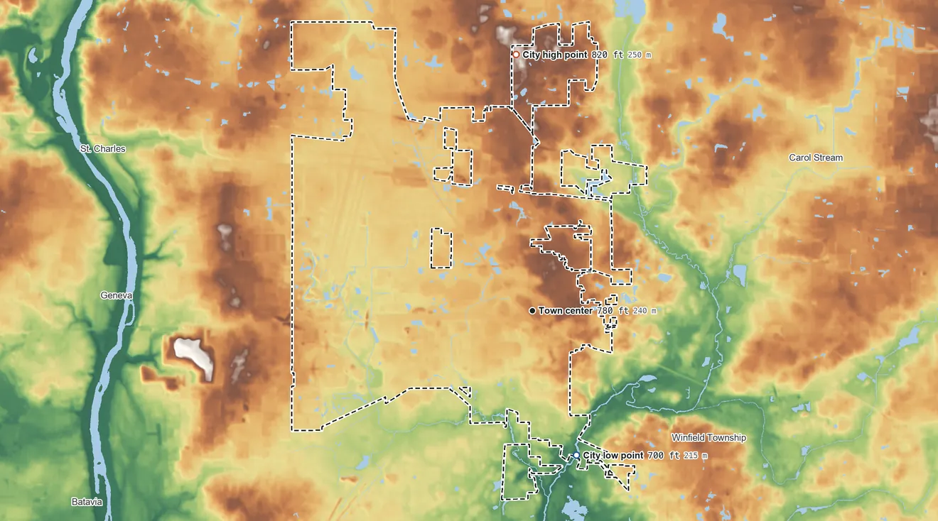 Topographic elevation map of West Chicago, Illinois, shaded from 700 ft on the south side to 820 ft on the north side