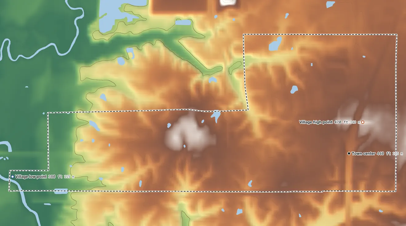 Topographic elevation map of West City, Illinois, shaded from 380 ft on the west side to 470 ft near the middle