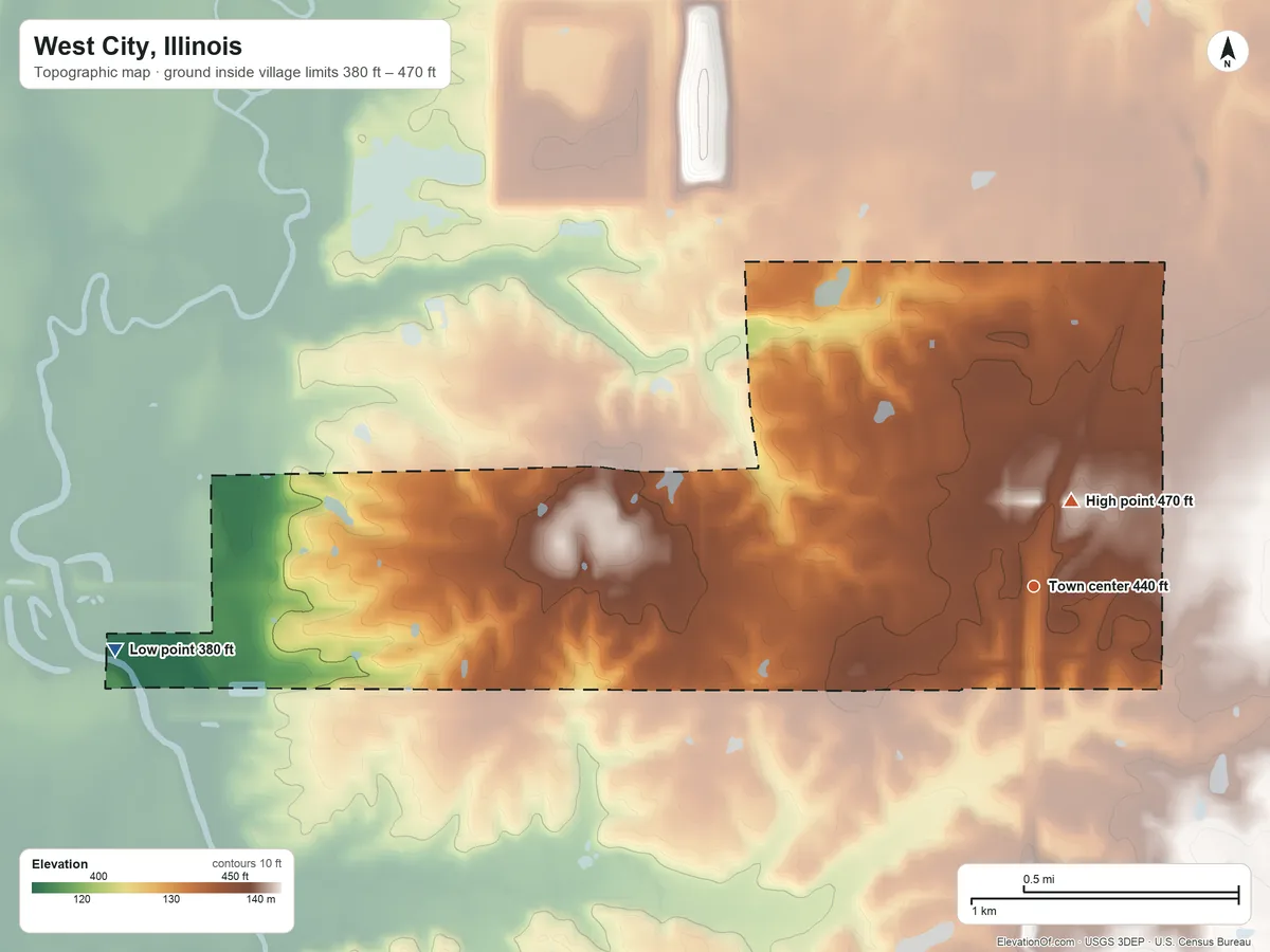 Topographic elevation map of West City, Illinois, shaded from 380 ft on the west side to 470 ft near the middle