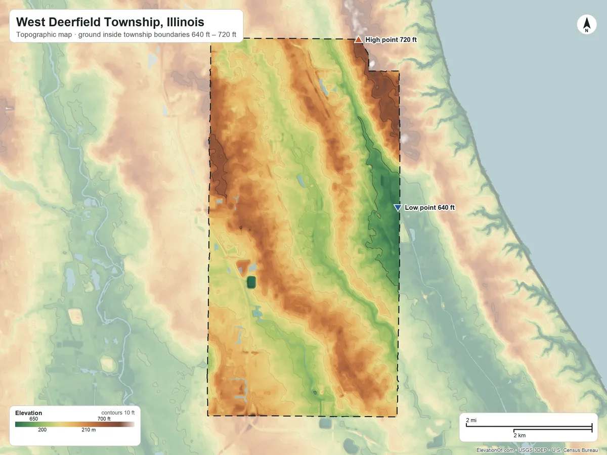 Topographic elevation map of West Deerfield Township, Illinois, shaded from 640 ft on the northeast side to 720 ft on the north side