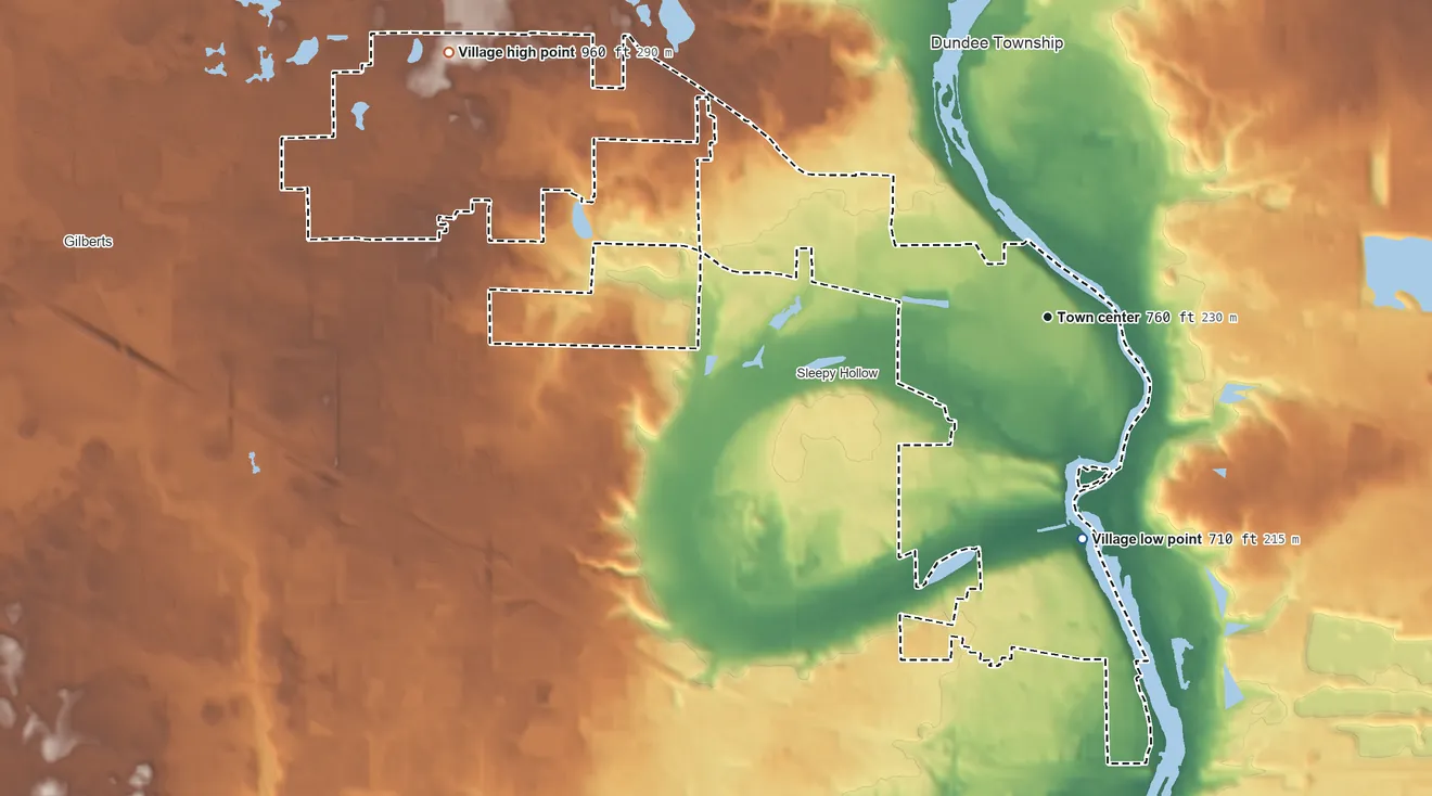Topographic elevation map of West Dundee, Illinois, shaded from 710 ft on the south side to 960 ft on the northwest side