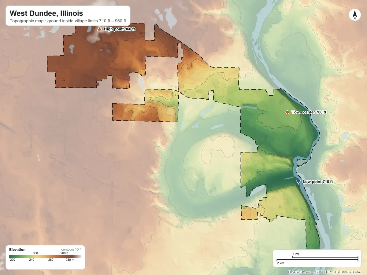 Topographic elevation map of West Dundee, Illinois, shaded from 710 ft on the south side to 960 ft on the northwest side