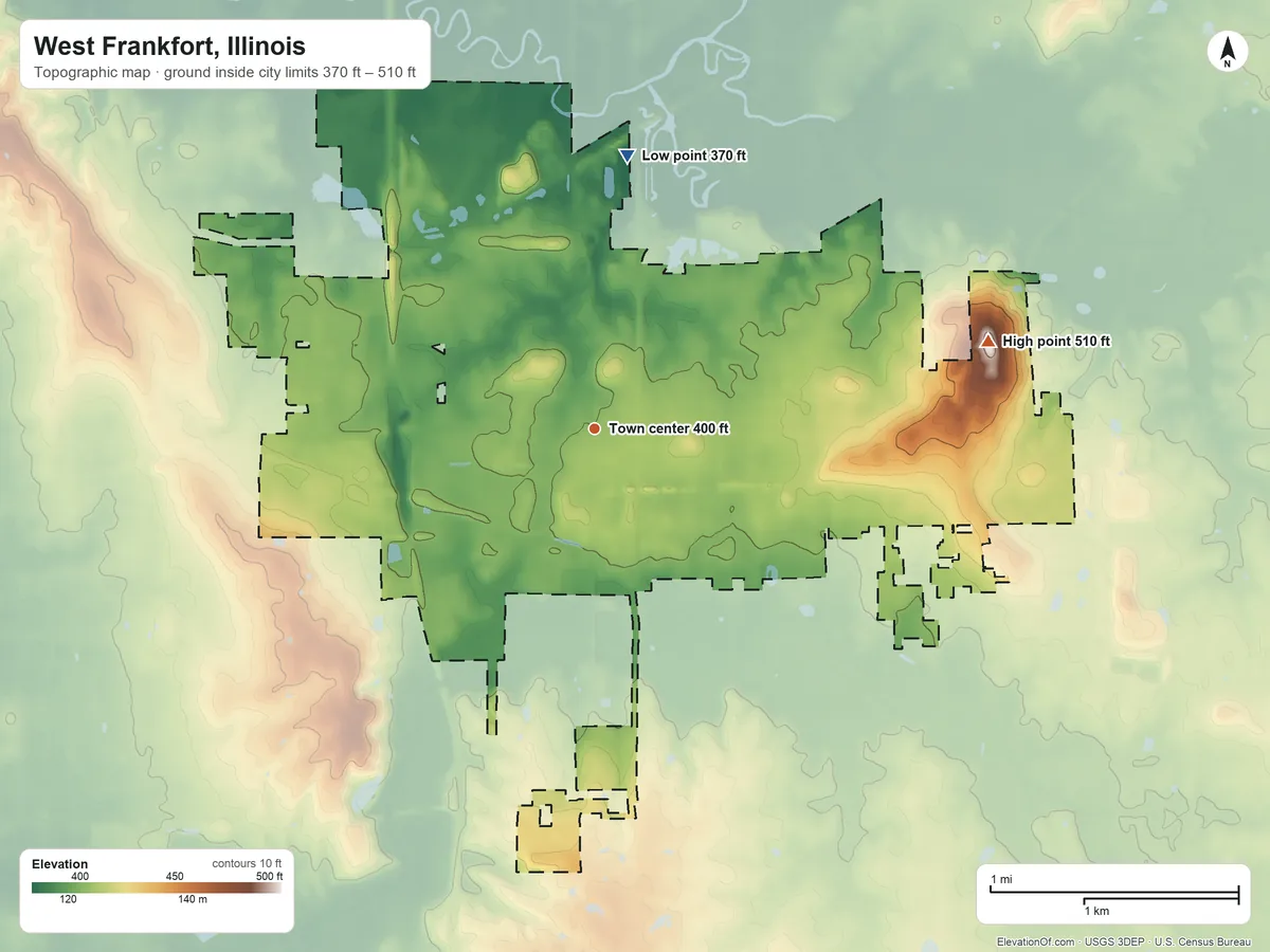 Topographic elevation map of West Frankfort, Illinois, shaded from 370 ft on the north side to 510 ft on the east side