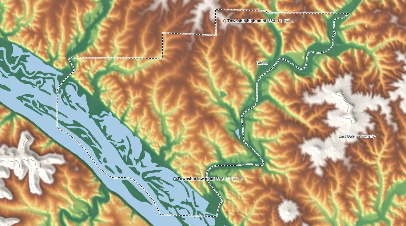 Topographic elevation map of West Galena Township, Illinois, shaded from 590 ft on the southwest side to 850 ft on the northwest side