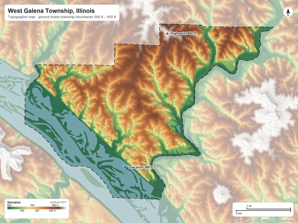 Topographic elevation map of West Galena Township, Illinois, shaded from 590 ft on the southwest side to 850 ft on the northwest side
