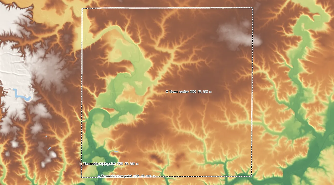 Topographic elevation map of West Jersey Township, Illinois, shaded from 600 ft on the southwest side to 750 ft on the southwest side
