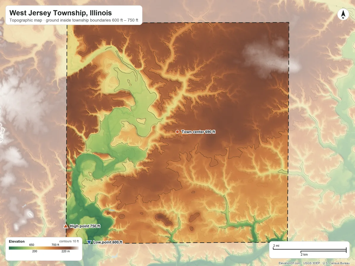 Topographic elevation map of West Jersey Township, Illinois, shaded from 600 ft on the southwest side to 750 ft on the southwest side