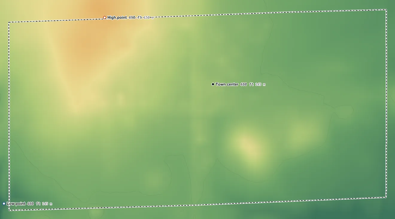 Topographic elevation map of West Liberty, Illinois, shaded from 480 ft on the southwest side to 490 ft on the northwest side