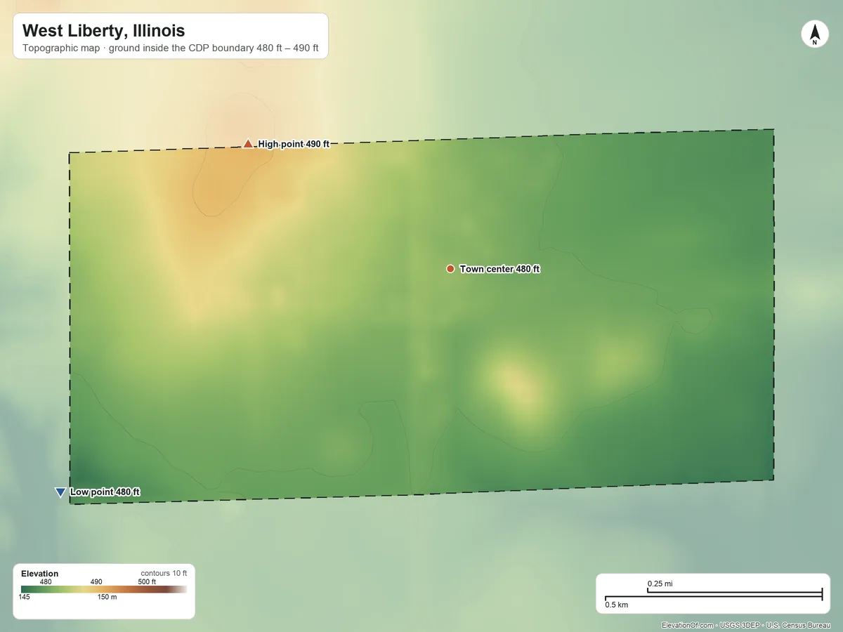 Topographic elevation map of West Liberty, Illinois, shaded from 480 ft on the southwest side to 490 ft on the northwest side