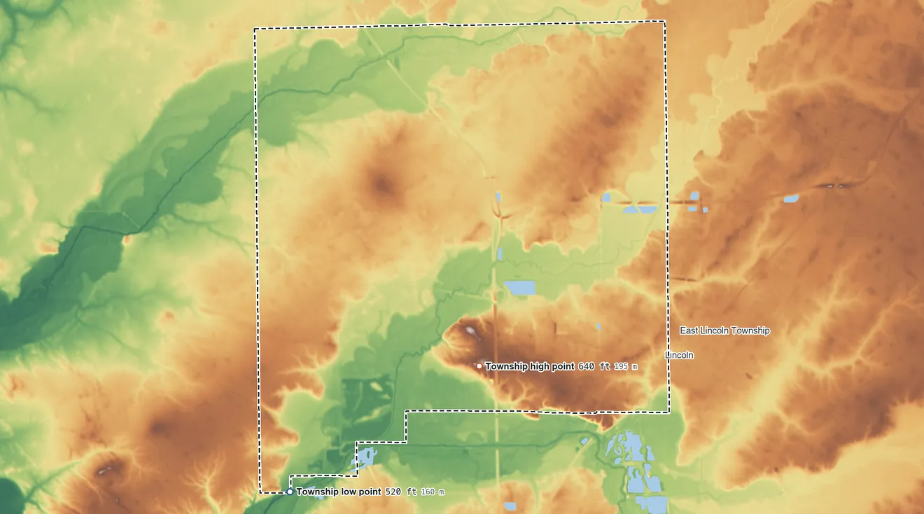Topographic elevation map of West Lincoln Township, Illinois, shaded from 520 ft on the southwest side to 640 ft on the west side