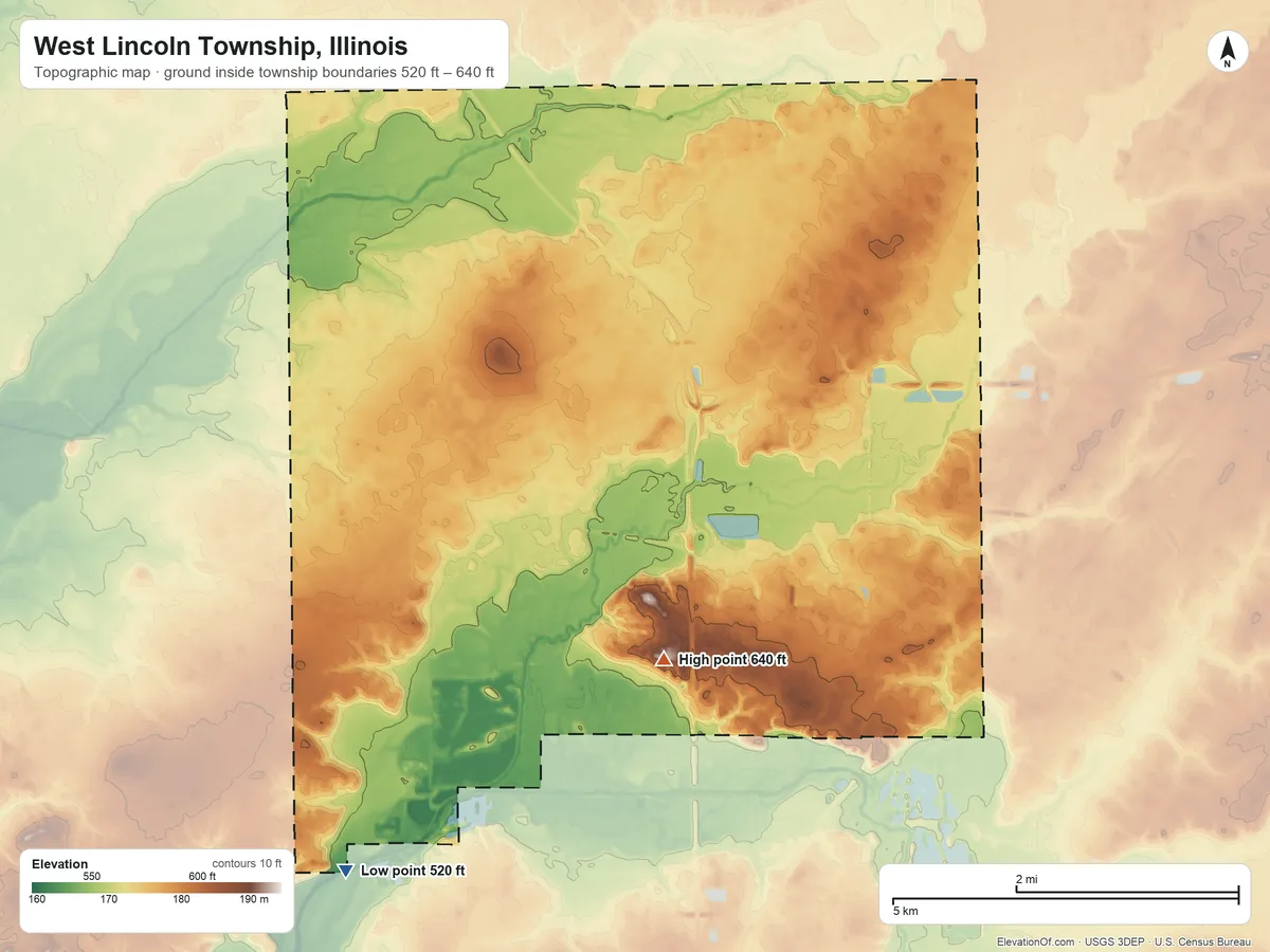 Topographic elevation map of West Lincoln Township, Illinois, shaded from 520 ft on the southwest side to 640 ft on the west side