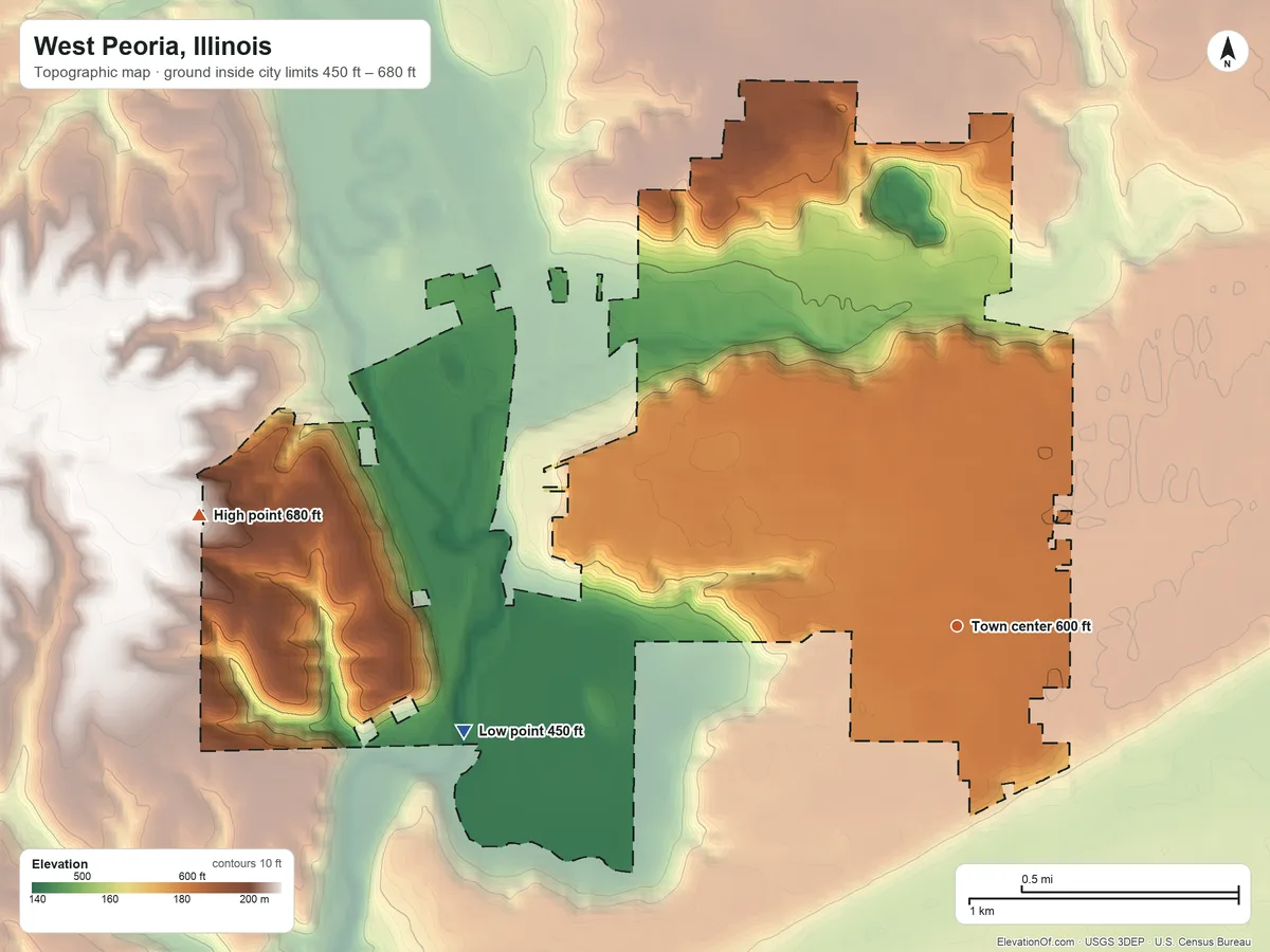 Topographic elevation map of West Peoria, Illinois, shaded from 450 ft on the west side to 680 ft on the west side