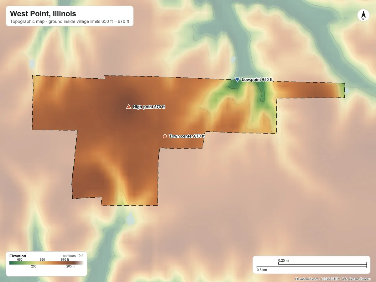 Topographic elevation map of West Point, Illinois, shaded from 650 ft on the northeast side to 670 ft on the northwest side