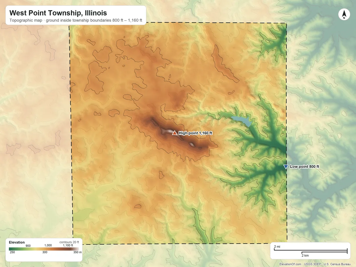 Topographic elevation map of West Point Township, Illinois, shaded from 800 ft on the northeast side to 1,160 ft on the northwest side
